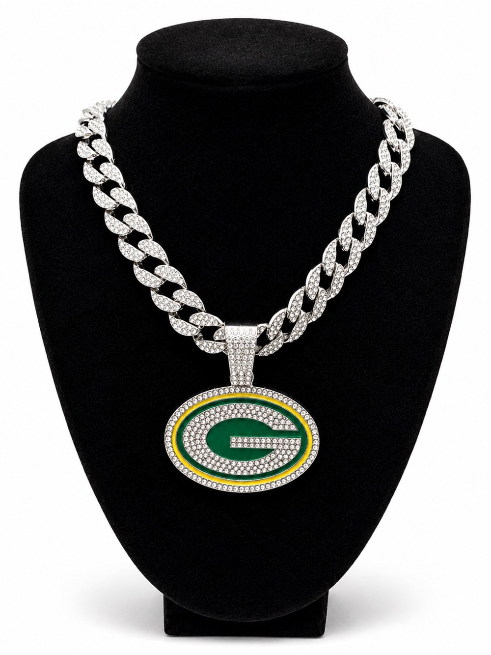 Green Bay Packers NFL Fan Iced Out G Pendant Cuban Chain Necklace